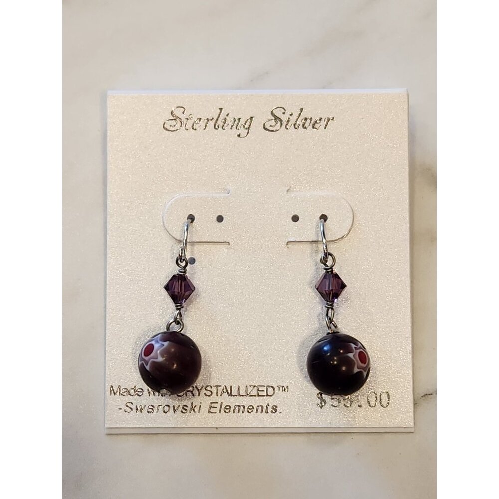 Sterling Silver Earrings With Crystalized Swarovski Elements & Purple Beads